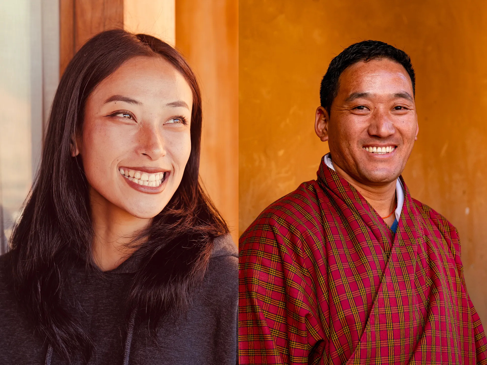 local bhutanese lady and bhutanese man smiling widely