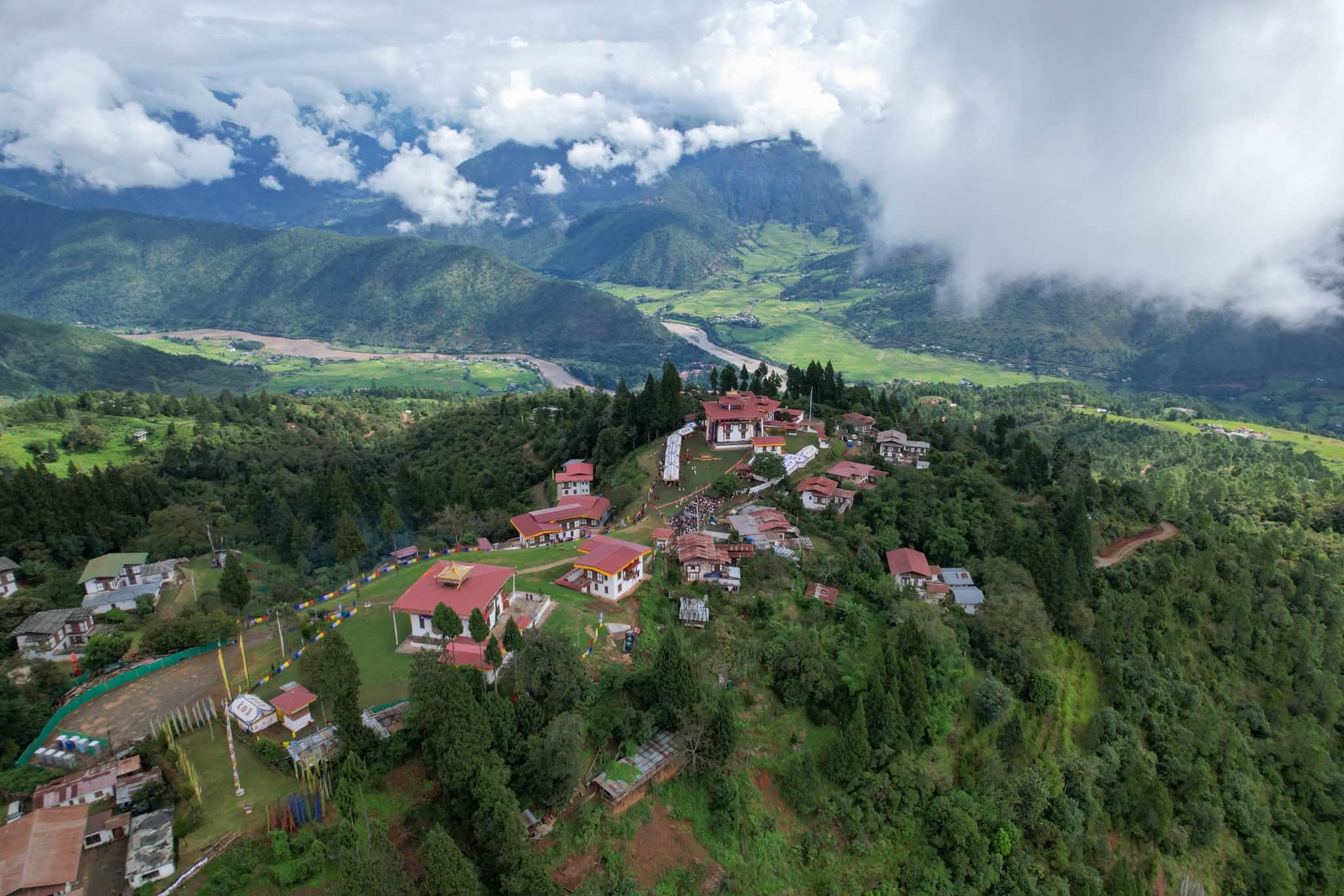 aerial view of pelri dorjidhen lhakhang consecration in punakha