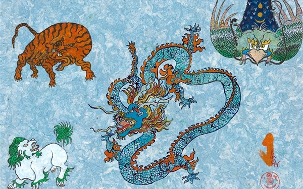 The popular mythical animals in Bhutan: Dragon, Garuda, Snow Lion, Tiger,  Windhorse, Takin, Raven, Yeti